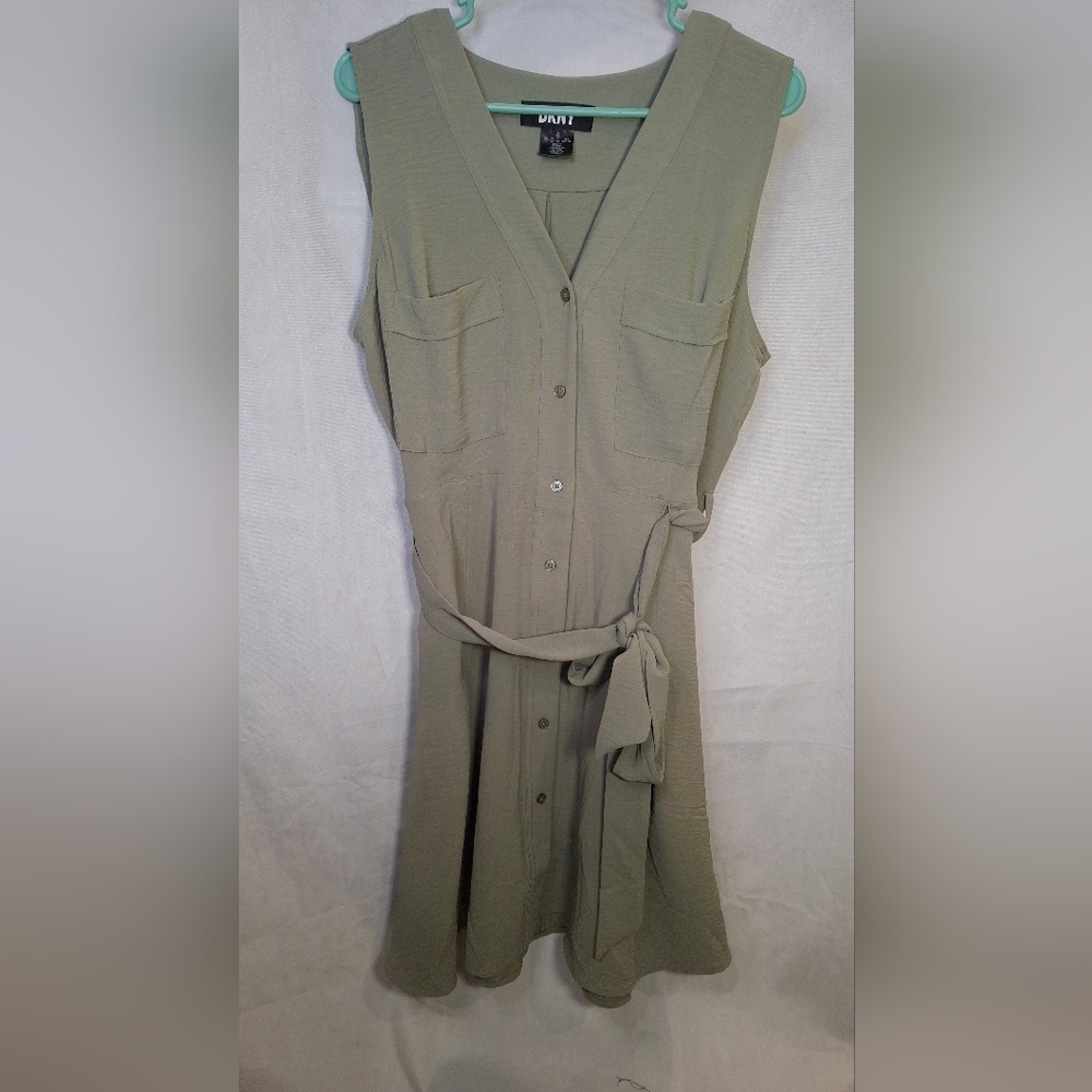 DKNY Women's Sage Green Button Down Dress Size 16 with front Tie EUC